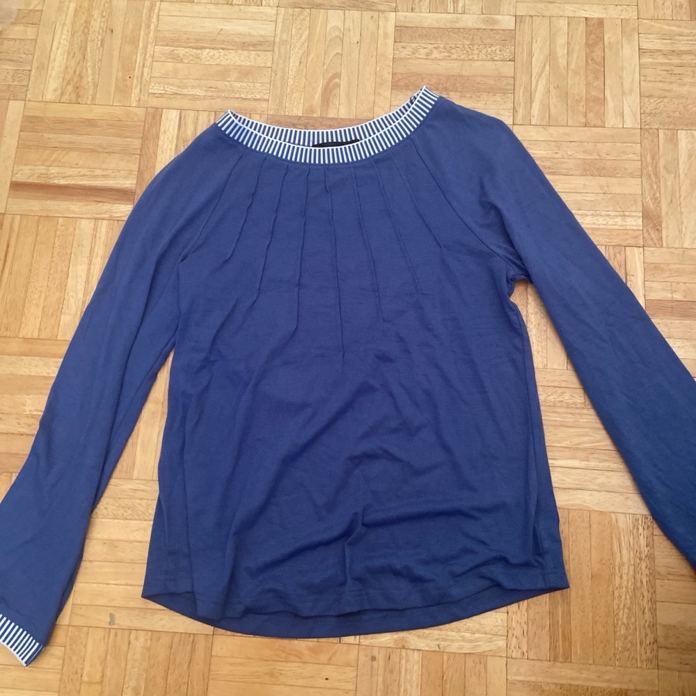 Blue Long Sleeve Top with Striped Trim